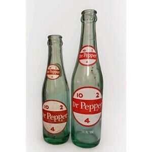 Vintage Dr Pepper Glass Bottles 10‑2‑4 Logo – Clear Green Tint Soda Collectible